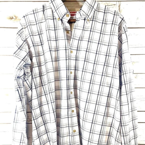 Wrangler Mens Shirt L Gray White Plaid Checkered Wrinkle Resist Button Down - Picture 1 of 9